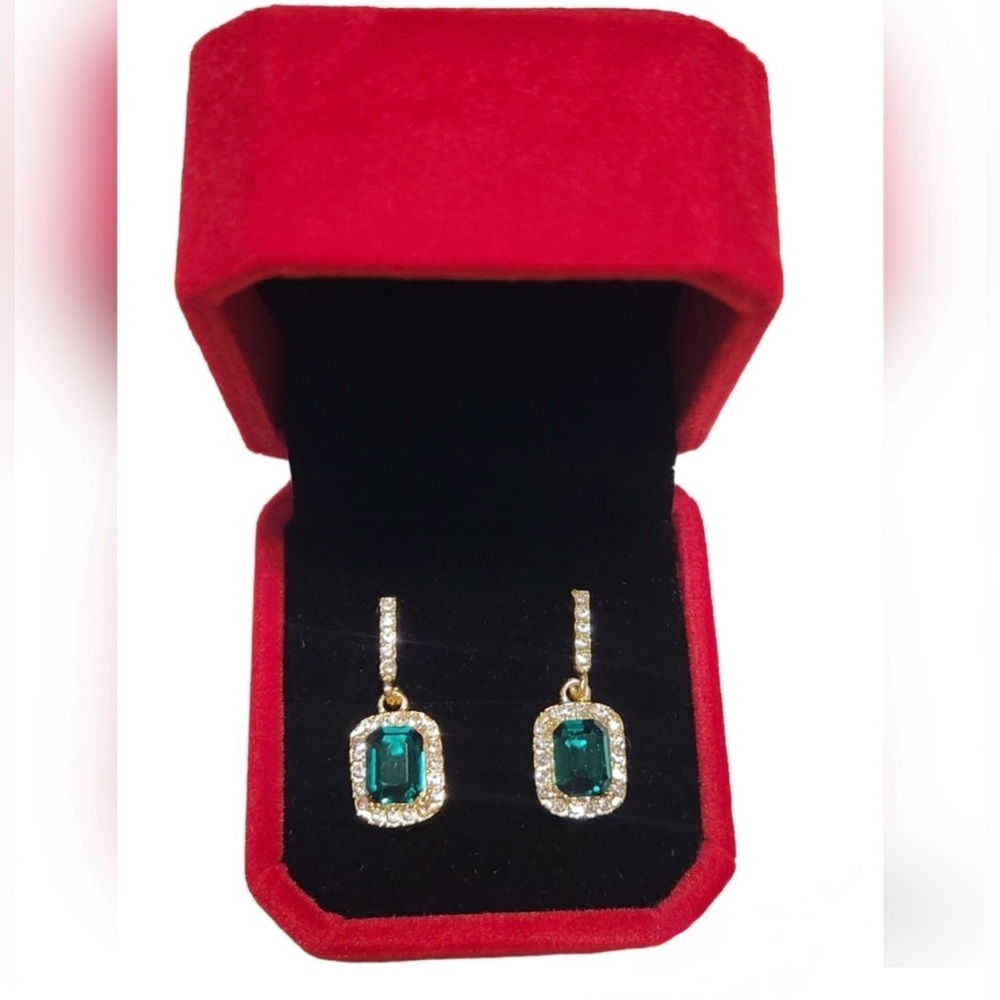 Gold and Green Drop Earrings with Rhinestones - Picture 6 of 6